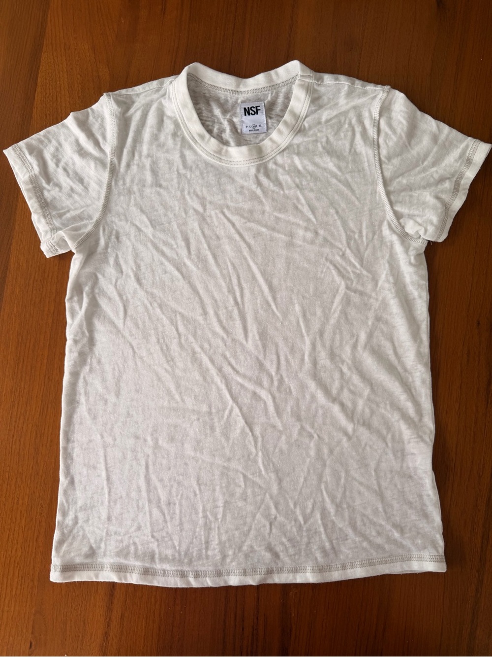 NSF Women’s M Off White Sheer Lightweight Tee Made in USA Exposed Seam